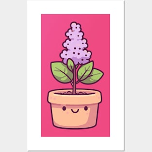 Cute Purple Blossom Flower in a Pot | Kawaii Style Plant | Kawaii Houseplant Posters and Art